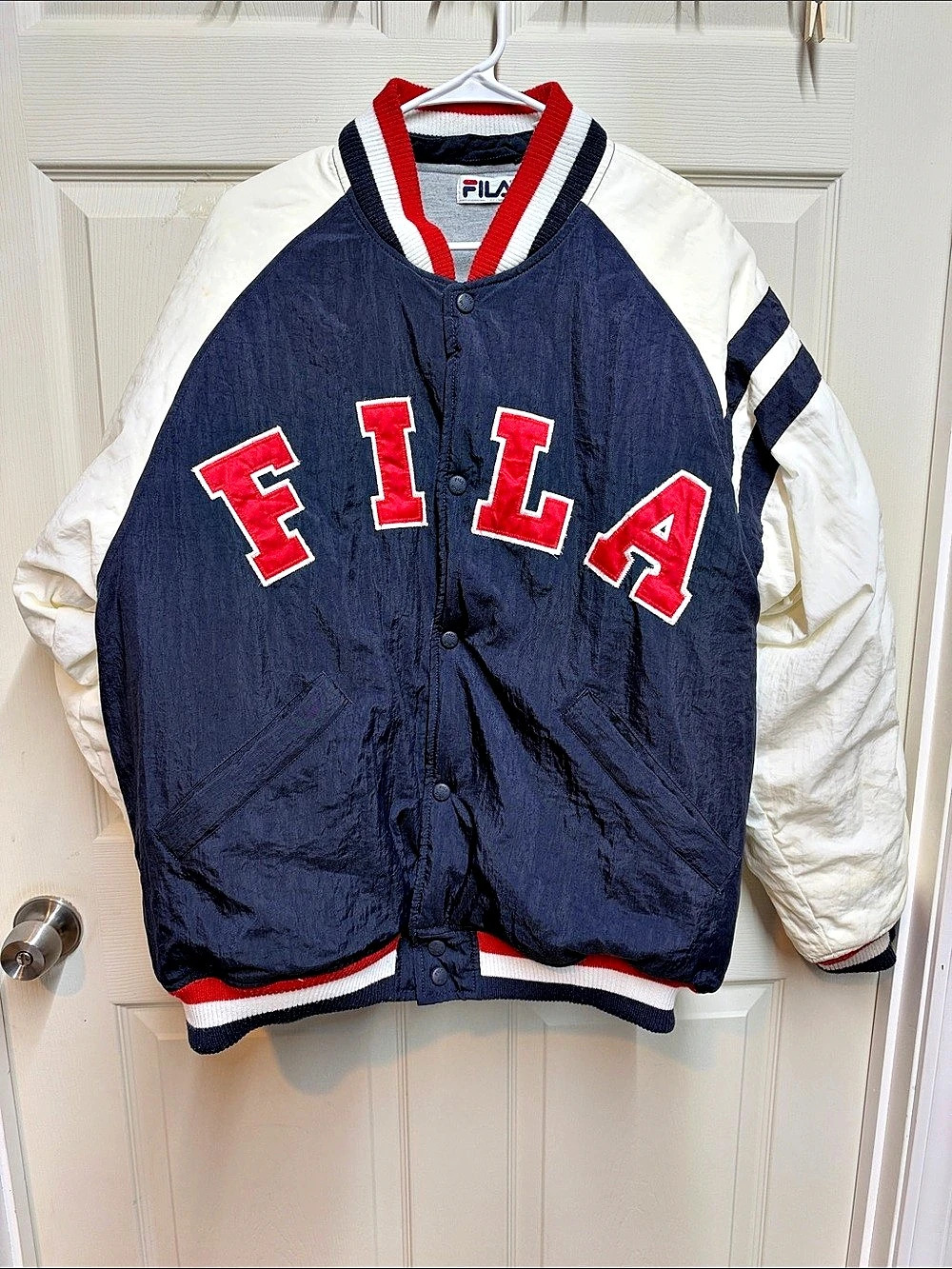 Fila Color Block Varsity Jacket in Blue & White
